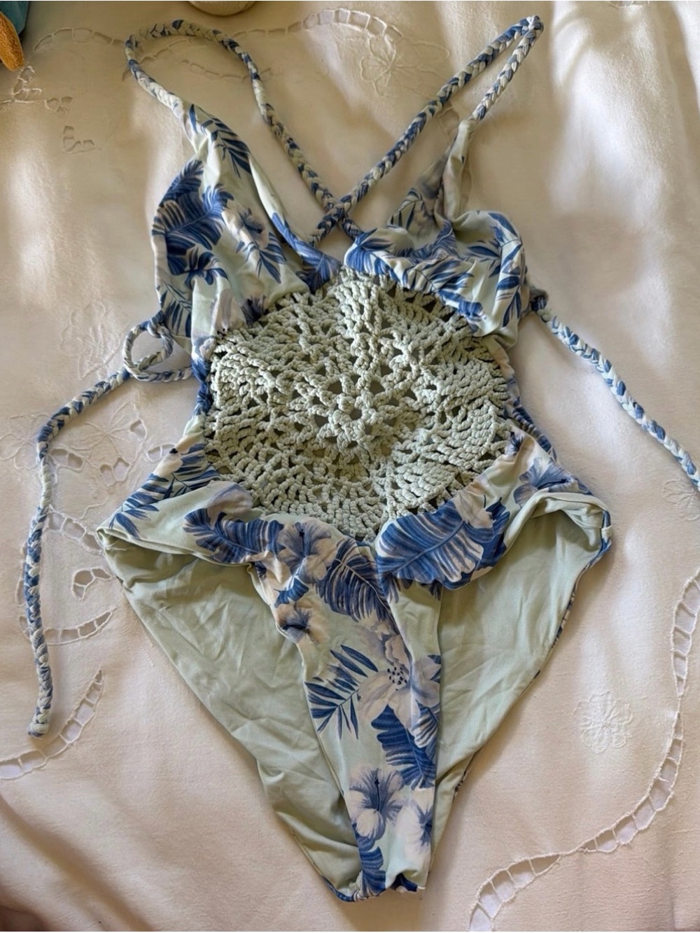 Frankie's Bikinis Light Green and Blue Floral Crochet-Front One-Piece